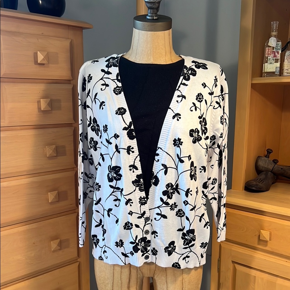 Black and White Floral Cardigan Sweater